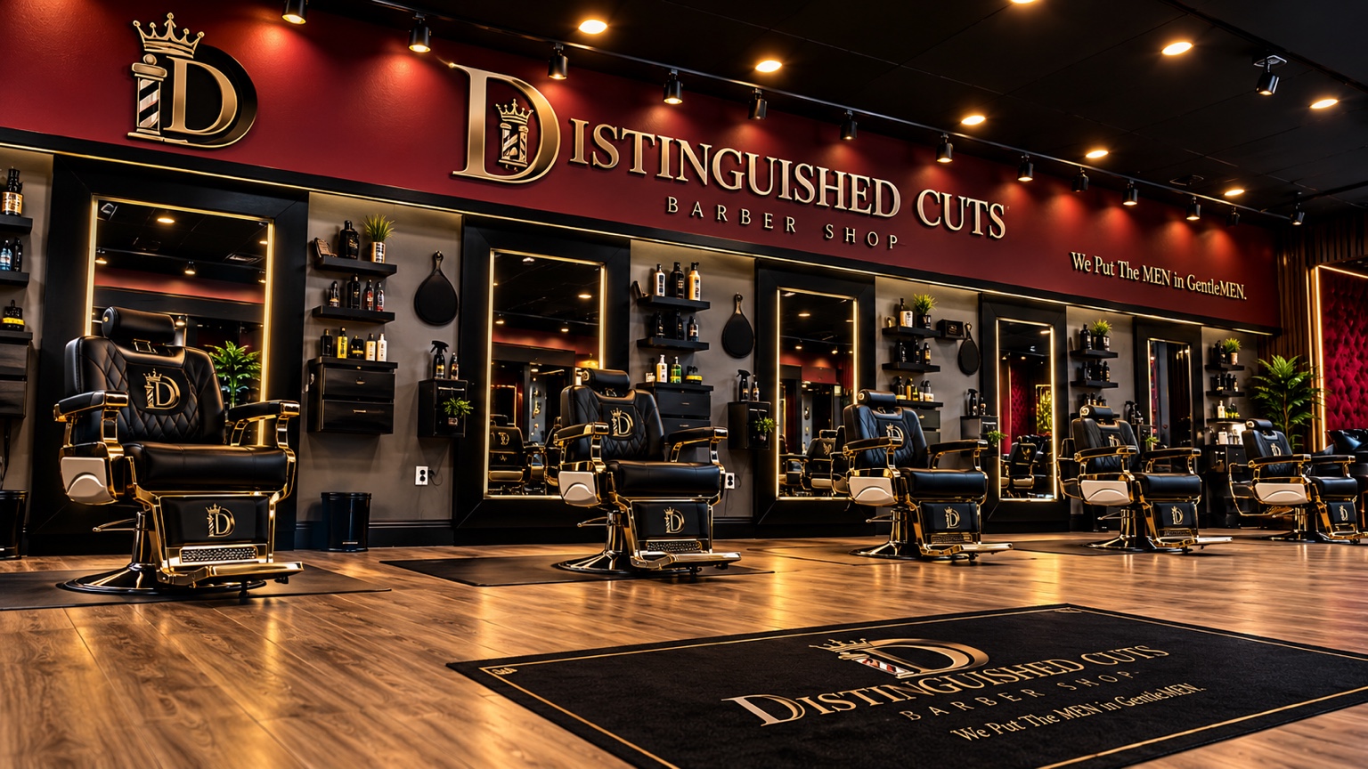Distinguished Cuts brand illustration with burgundy walls, gold signage and black barber chairs